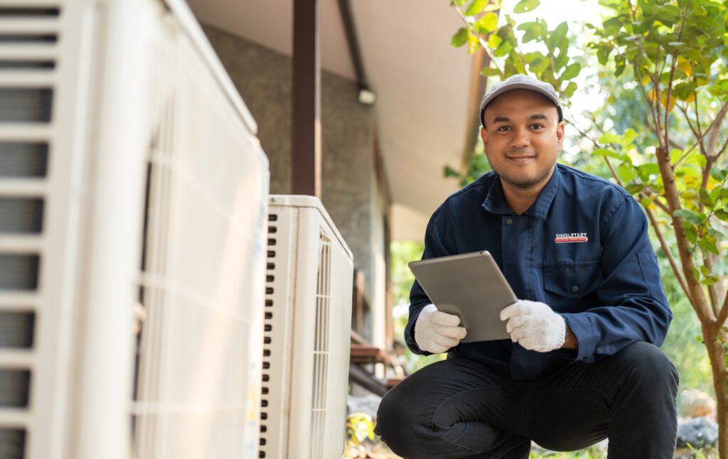 Singletary Plumbing technician servicing outdoor AC unit in Surprise