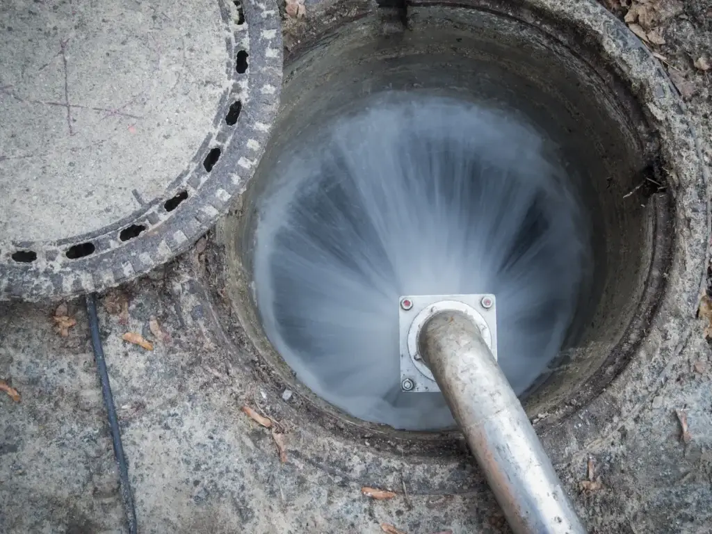 Hydro jetting nozzle cleaning inside sewer pipe