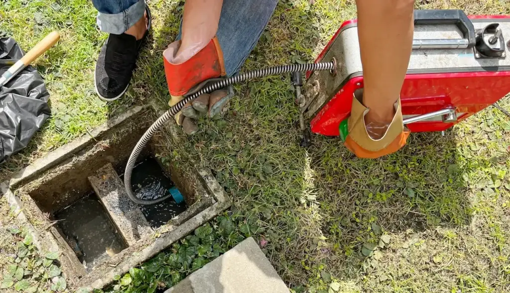 Singletary Plumbing clearing outdoor drain cleanout with auger