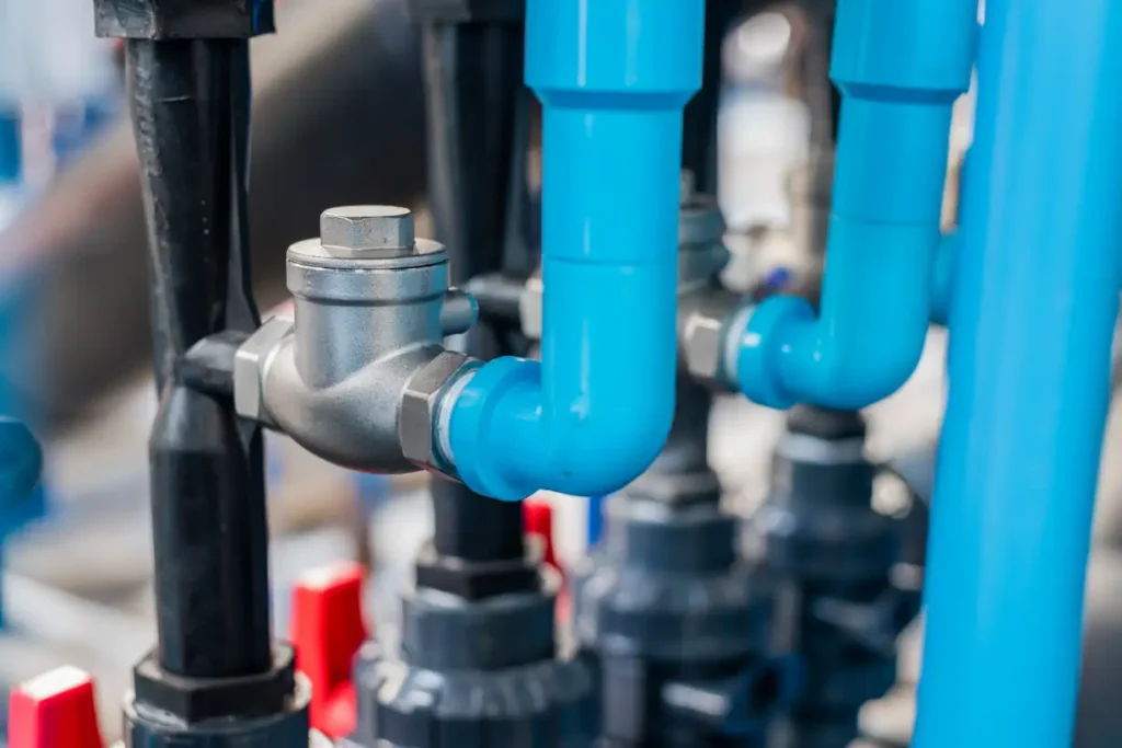 Blue water supply pipes with shutoff valves