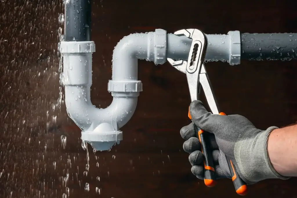 Plumber tightening PVC drain pipe under sink